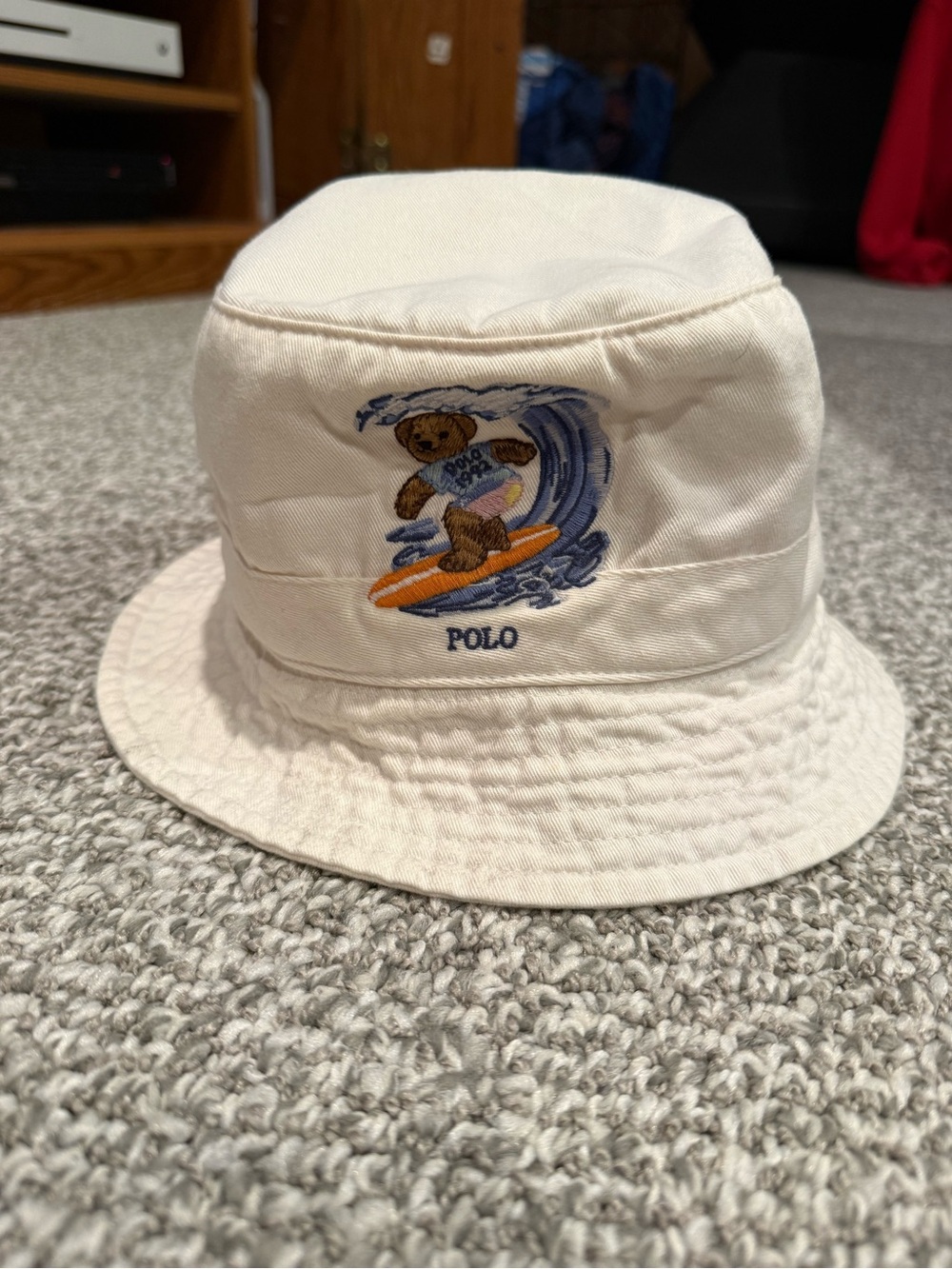 White Polo Ralph Lauren Surfing Polo Bear Embroidered Bucket Hat L/XL